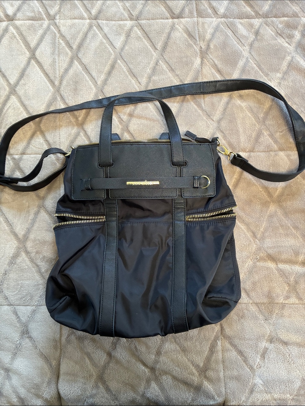 Steve Madden Black Nylon Messenger Crossbody Bag/ Backpack with Gold Hardware